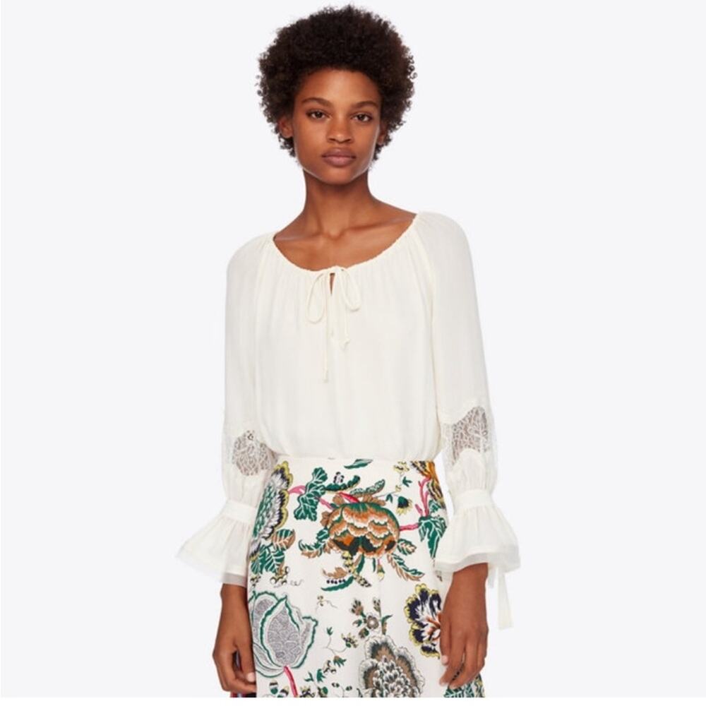 Tory Burch Cream Silk Sheer Willow Long Sleeved Blouse Size XS